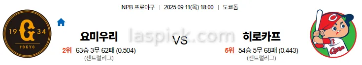 9월11일 18:00 요미우리 히로시마 일본야구 스포츠분석 축알못 토토사이트