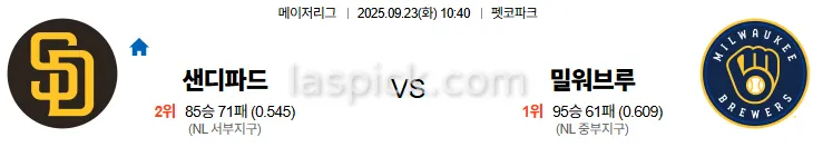 9월23일 10:40 샌디에이고 밀워키 MLB 스포츠분석 스포츠중계 토토사이트