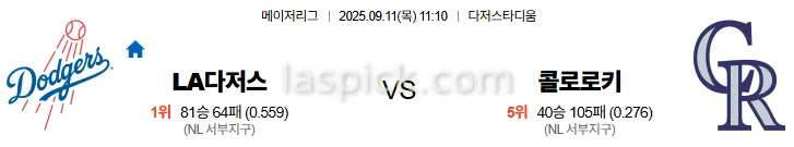 9월11일 11:10 LA다저스 콜로라도 MLB 스포츠분석 축알못 토토사이트