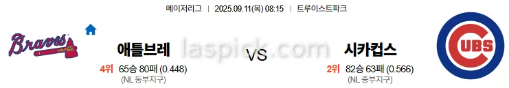9월11일 08:15 애틀랜타 시카고컵스 MLB 스포츠분석 축알못 토토사이트