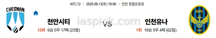 9월13일 19:00 천안시티 인천유나이티드 K리그2 스포츠분석 축알못 토토사이트