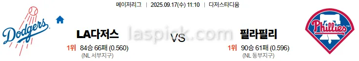 9월17일 11:10 LA다저스 필라델피아 MLB 스포츠분석 축알못 토토사이트