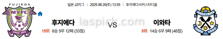 9월20일 13:55 후지에다 이와타 J2리그 스포츠분석 스포츠중계 토토사이트