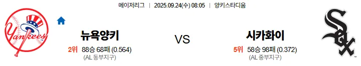 9월24일 08:05 뉴욕양키스 시카고화삭 MLB 스포츠분석 스포츠중계 토토사이트