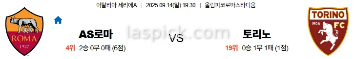 9월14일 19:30 AS로마 토리노 세리에A 스포츠분석 축알못 토토사이트