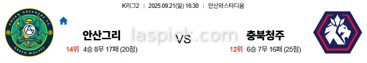 9월21일 16:30 안산그리너스 충북청주 K리그2 스포츠분석 스포츠중계 토토사이트