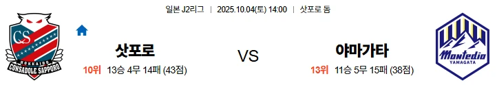 10월4일 14:00 삿포로 야마가타 J리그 스포츠분석,스포츠중계